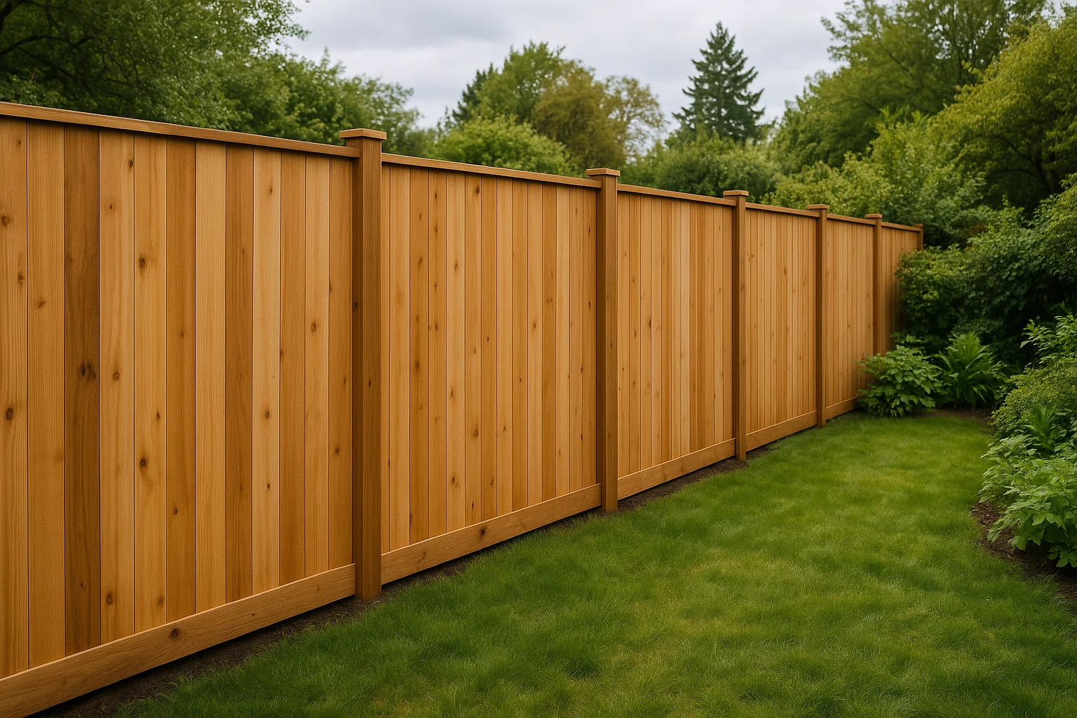 New cedar privacy fence in a Corvallis backyard under soft valley light