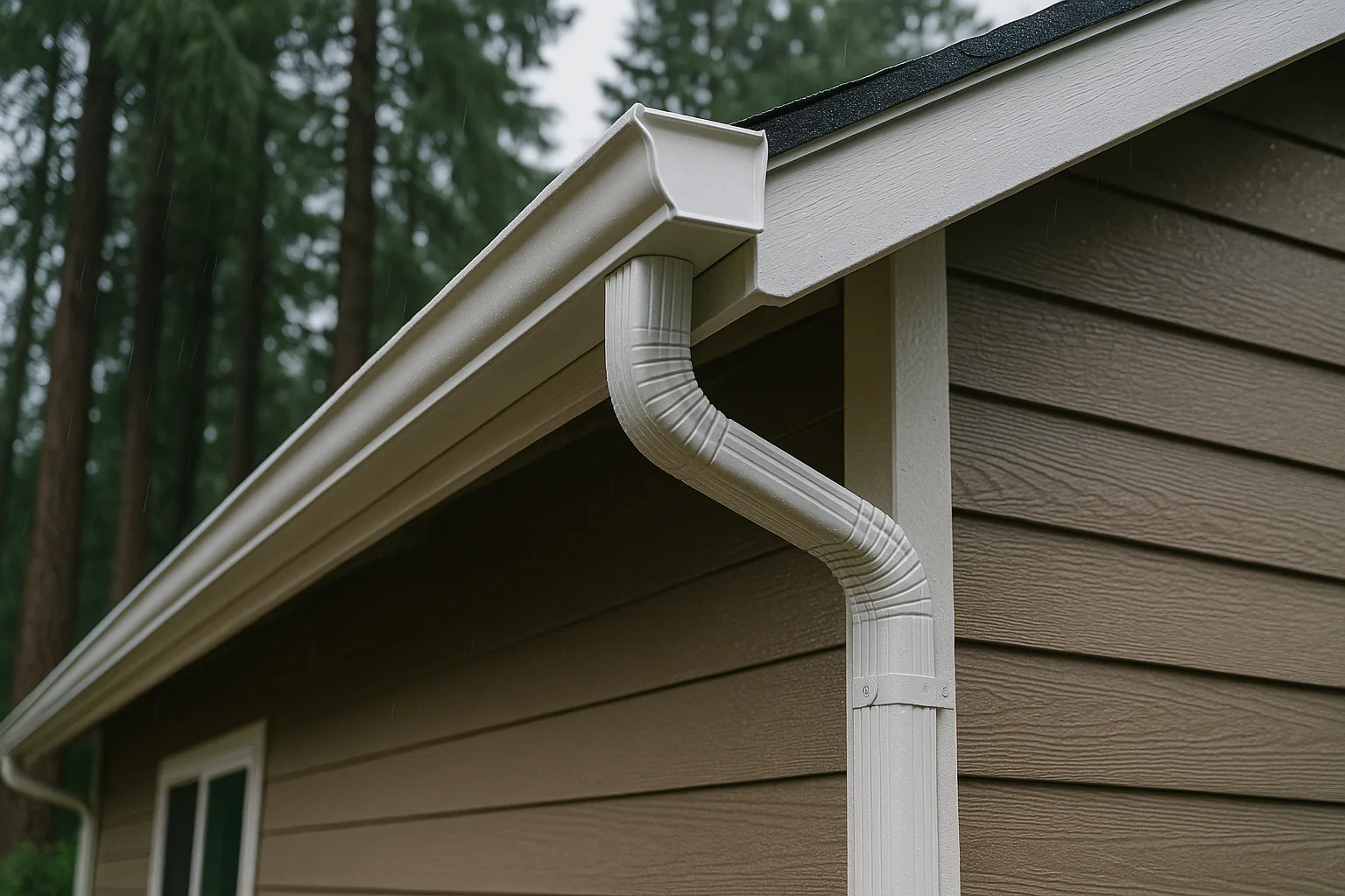 Seamless gutters on a Corvallis home under a fir canopy in the rain
